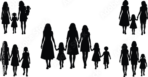 Women and children silhouettes, holding hands, caregiving, family connection, emotional bonding, black flat design, generational love, flat vector illustration