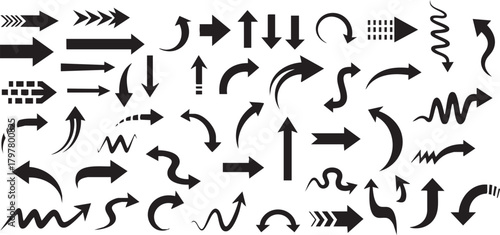 Collection of diverse black arrows pointing in various directions and styles