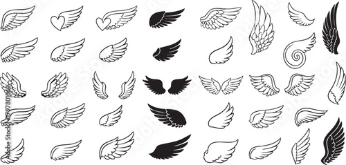 Collection of hand drawn angel wings in various styles and sizes