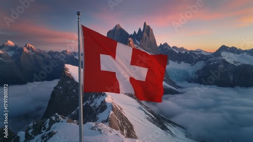 Cinematic Aerial: Switzerland Flag on Snowy Alpine Summit at Sunset