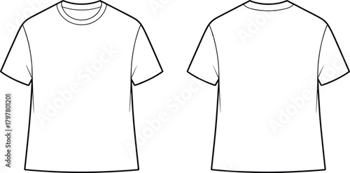 Unisex basic short sleeve T-shirt technical flat sketch, front and back view, round neck blank apparel template, clean vector fashion CAD illustration for printing