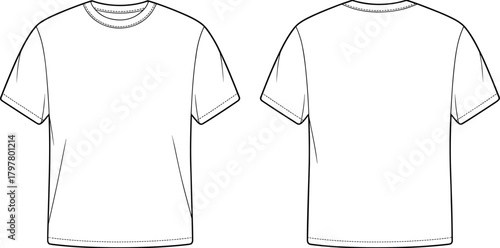 Unisex basic t-shirt flat technical sketch front and back view, minimal outline vector with stitching detail, casual clothing fashion design,