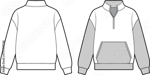 Unisex color block half zip sweatshirt front and back view, casual pullover fashion template, winter wear technical sketch design, CAD drawing flat vector illustration