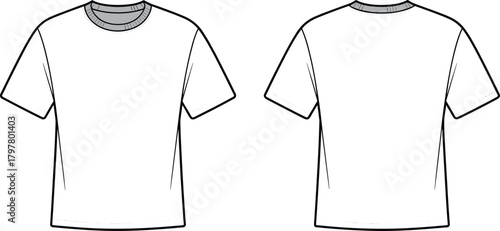 Unisex basic crew neck short sleeve t-shirt front and back technical flat sketch, blank apparel fashion template for clothing design