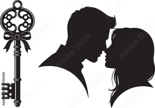 Silhouette of a couple kissing beside an ornate antique key