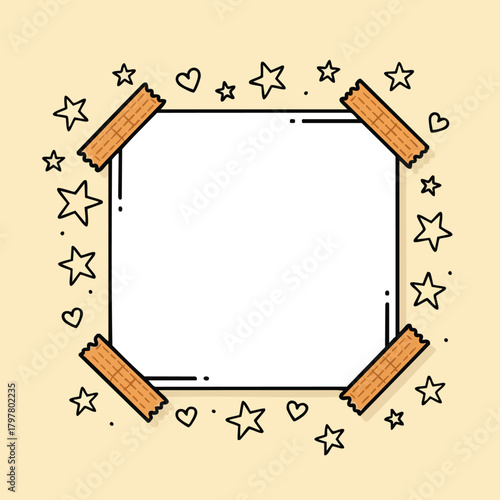 Whimsical decorative border with stars and hearts taped to a blank canvas for creative expression