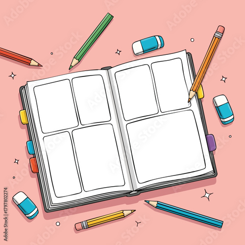Creative blank comic book pages ready for artistic storytelling and imaginative exploration with drawing tools scattered around a pristine spread