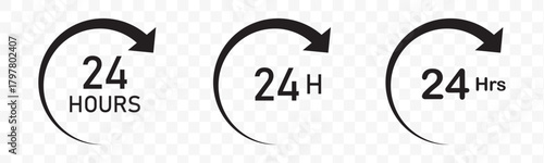 24 hour assistance icons. 24 hours 7 days in week support icons. 24 hour service icon. 24 hours icon. 24 hours order execution or delivery service icon. 24 hours icon set flat style.