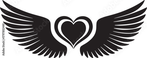 Black silhouette of a heart with angel wings spread wide