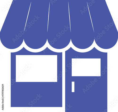 Solid blue shop vector icon, simple retail store building with awning, isolated shopfront graphic illustration