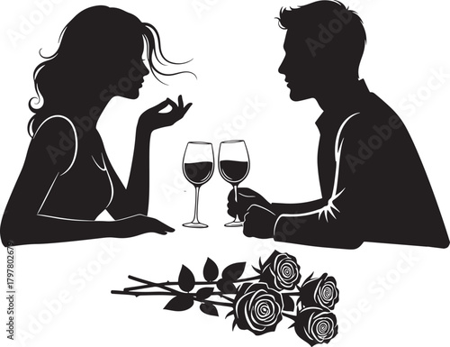 Romantic couple silhouette enjoying dinner with wine and roses