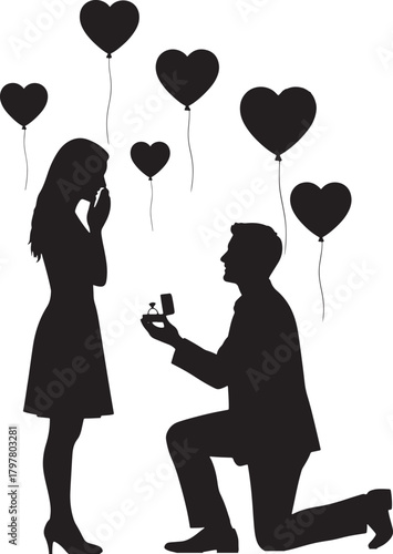 Man proposing marriage to woman silhouette with heart balloons