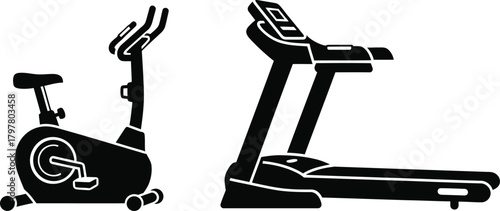 Silhouette of a stationary exercise bike and a treadmill on a white background