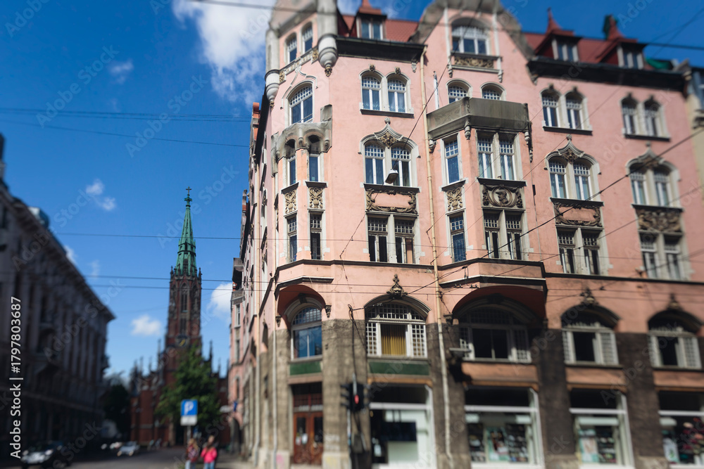 Obraz premium Riga Old Town view, Latvia, streets of Vecriga historical center with Town Hall square, House Of The Black Heads, Cathedral and church, travel to Latvia and Baltic States, summer day with a blue sky