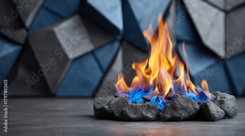 Fire is burning in a small fire pit on a grey stone floor. The fire is blue and yellow