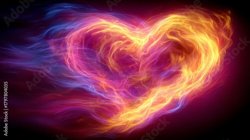 Heart made of fire is shown in a purple background. The heart is surrounded by a bright orange flame
