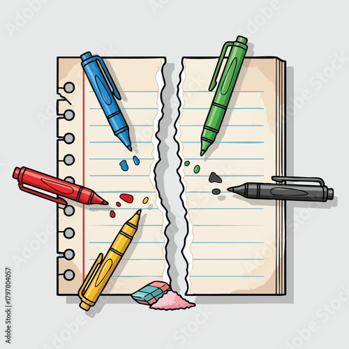 Artistic expression and creative tools colliding on a torn notebook page demonstrating the vibrant clash of ideas and artistic mediums