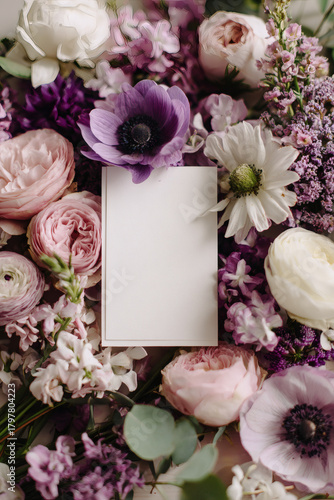 A blank white paper on an background, with bright flowers, AI generated