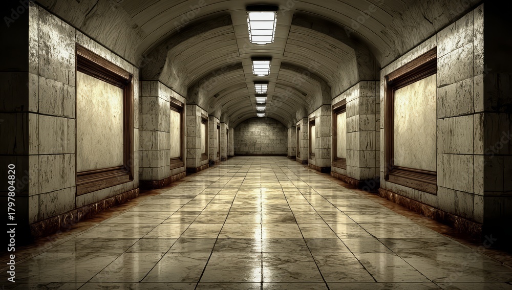 Fototapeta premium Long, empty subway tunnel with a few light fixtures. The tunnel is very dark and empty