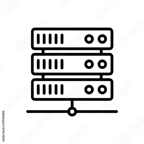 Minimalist black line icon of a server rack with three stacked units and network connectivity symbol