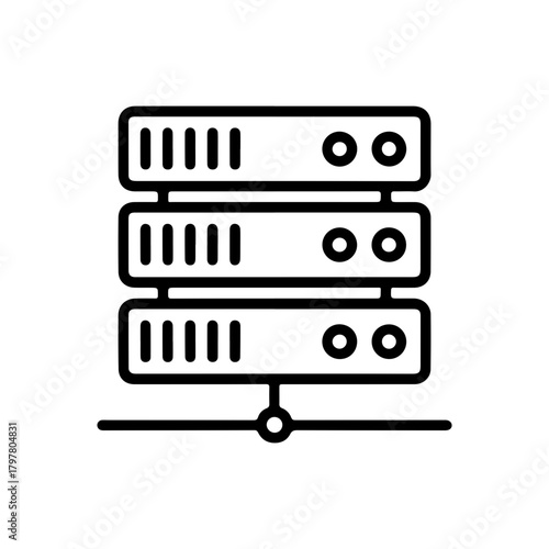 Minimalist black line icon of a server rack with three stacked units and network connectivity symbol