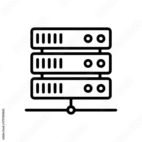 Minimalist black line icon of a server rack with three stacked units and network connectivity symbol