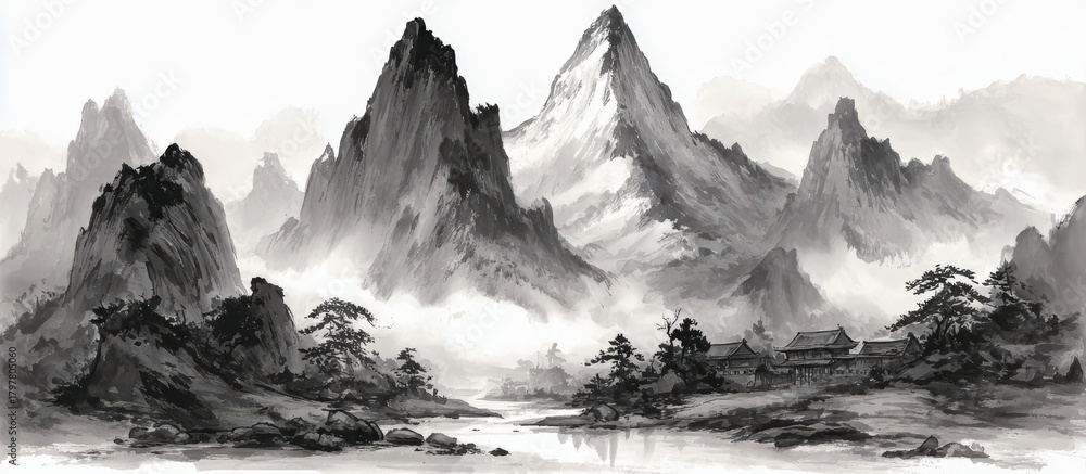 Naklejka premium Mountain range with a river running through it and a small village in the distance. The scene is serene and peaceful