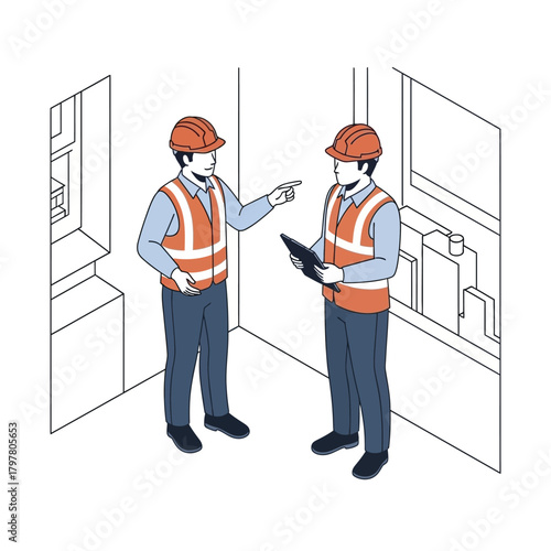 Two professional industrial engineers in safety vests and hard hats.