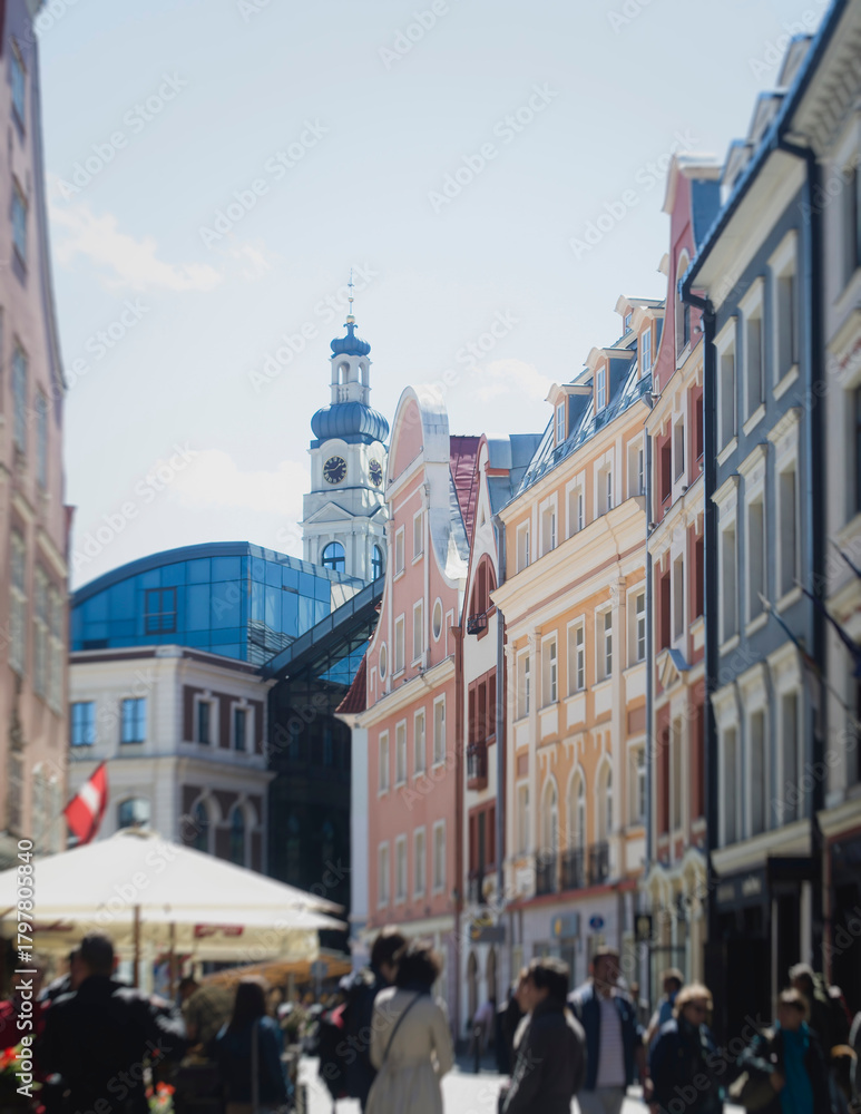 Fototapeta premium Riga Old Town view, Latvia, streets of Vecriga historical center with Town Hall square, House Of The Black Heads, Cathedral and church, travel to Latvia and Baltic States, summer day with a blue sky