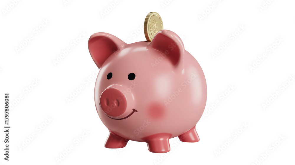 Obraz premium A cute pink piggy bank with a gold coin being deposited into its slot, symbolizing savings, financial growth, and future planning. background removed