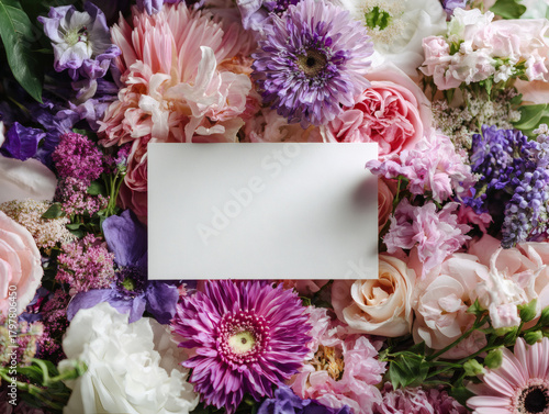 A blank white paper on an background, with bright flowers, AI generated