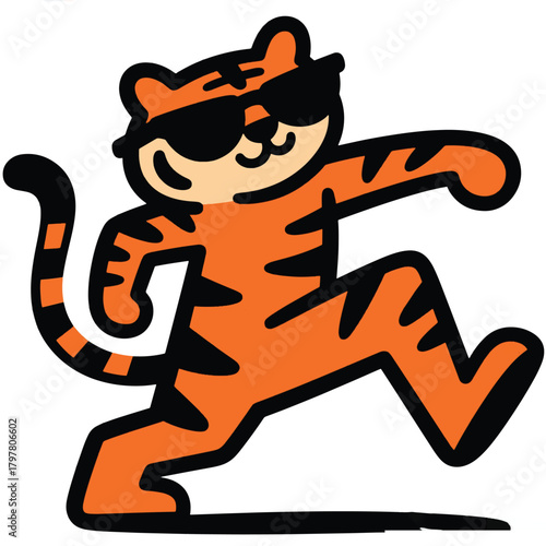 Cartoon tiger vector illustration walking confidently with sunglasses. Fun and stylish character design perfect for playful branding, mascot use, and trendy creative projects.