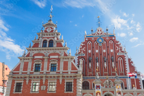 Riga Old Town view, Latvia, streets of  Vecriga historical center with Town Hall square, House Of The Black Heads, Cathedral and church, travel to Latvia and Baltic States, summer day with a blue sky