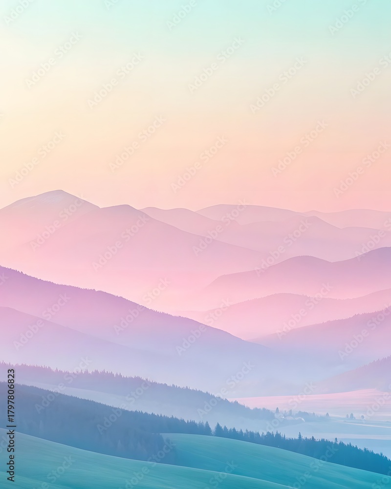 Fototapeta premium Layers of mountains bathed in soft pastel colors at sunrise create a serene vista