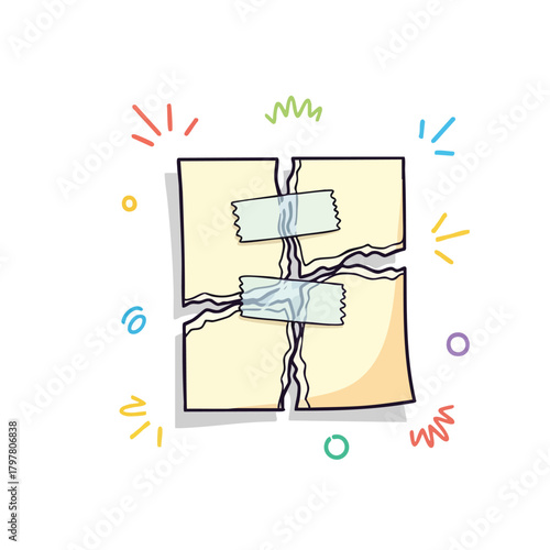 Creative illustration of torn paper pieces taped back together with colorful celebratory accents