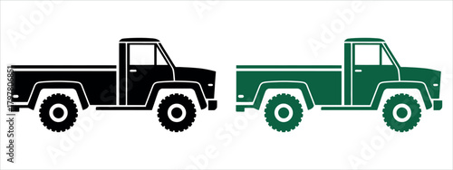 Classic pickup truck icons, black and green, perfect for automotive designs, showcasing vintage style and rugged appeal in your creative projects.