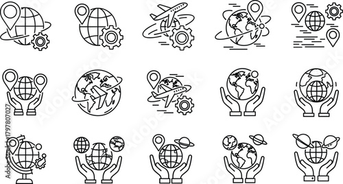 PrintGlobal travel icons, international connectivity symbols, black line vector, navigation elements, world exploration graphics, geographic interface set, location pin illustrations