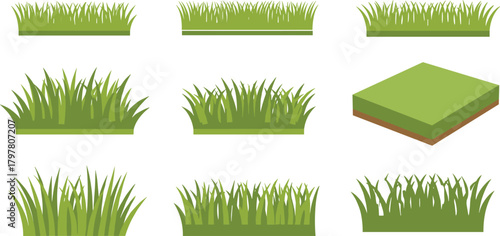 PrintGrass patch illustrations, isometric terrain, green landscape elements, stylized lawn textures, nature design assets, game environment, digital grass set