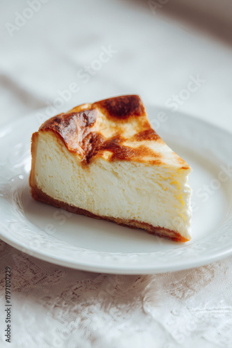 A slice of delicious spanish cheescake on plate, AI generated
