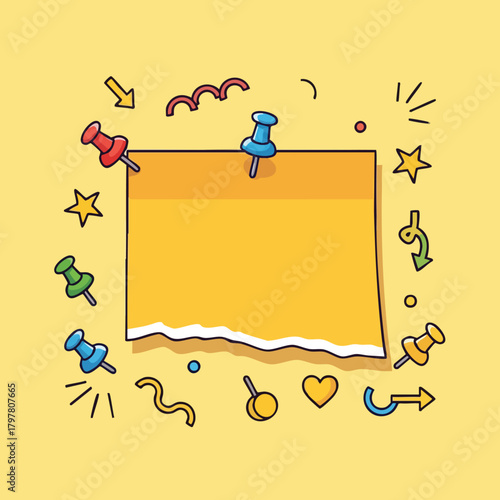 Vibrant collection of illustrated sticky notes and colorful pushpins adorning a cheerful yellow backdrop