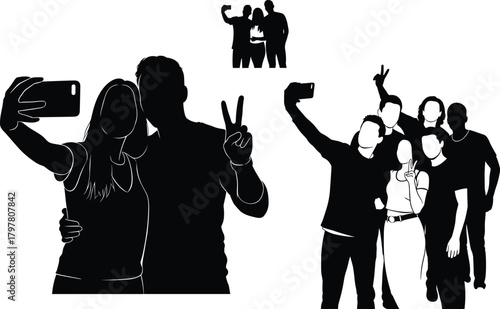 PrintGroup selfie silhouette, people taking photo vector, friends posing icon, smartphone snapshot design, social media illustration, modern lifestyle graphic, camaraderie art