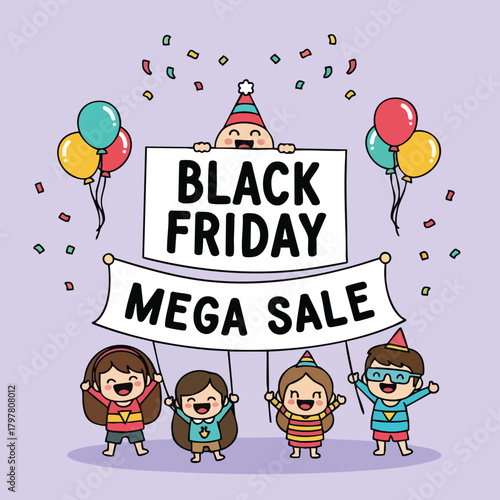 Joyful children celebrate the massive savings and exciting offers of a black friday mega sale with balloons and confetti a vibrant scene of retail