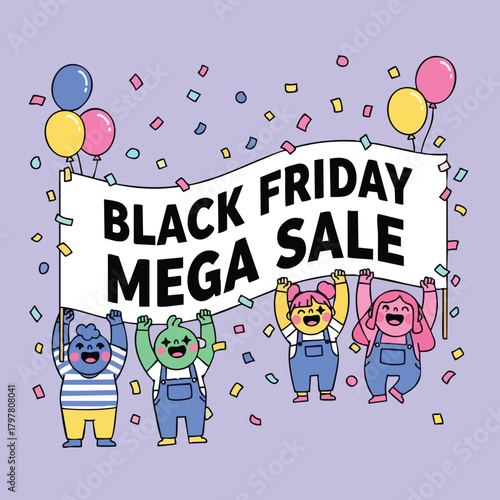 Excited diverse characters celebrate a massive Black Friday sale with balloons and confetti a vibrant advertisement