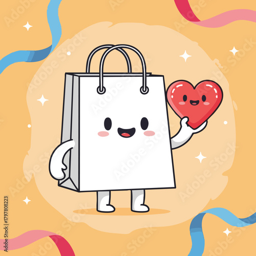 Delightful cartoon shopping bag character with a kawaii heart offering a loving embrace on a cheerful background