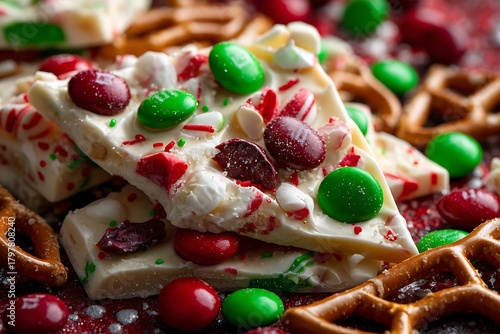 A colorful Christmas candy bark with white chocolate, pretzels, and red and green M&Ms, broken into pieces 