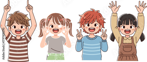 PrintHappy children cartoon illustration, diverse kids smiling, playful gestures, joyful expressions, colorful outfits, cheerful group, fun pose, educational design