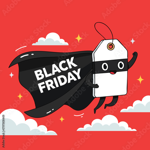 Cartoon price tag with cape flying through clouds with black friday text