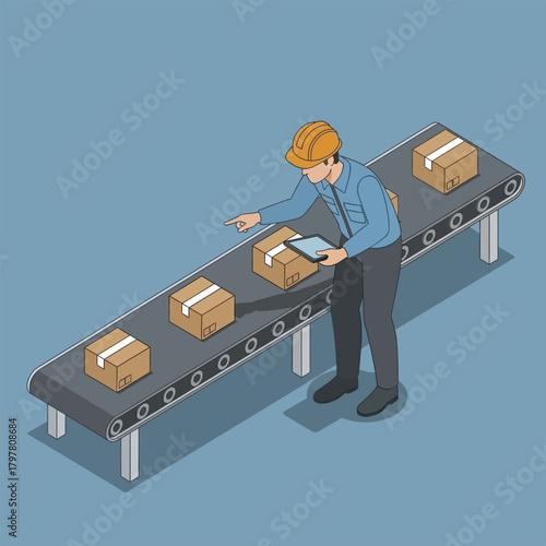 Worker inspecting packages on a conveyor belt in a warehouse setting.