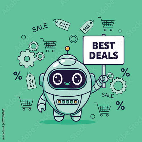 Adorable robot character proudly holding a 'best deals' sign amidst shopping carts and sale tags celebrating retail promotions