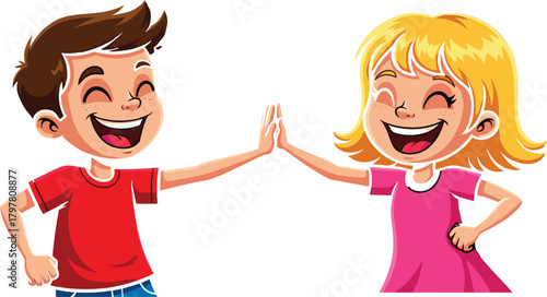 PrintHappy children, high five, teamwork, celebration, cartoon kids, smiling boy, chn, playful, energetic, positive emotion, kids together, hand gesture, illustration, bonding